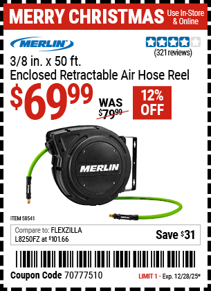 Harbor Freight MERLIN 3/8 IN. X 50 FT. ENCLOSED RETRACTABLE AIR HOSE REEL coupon