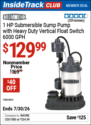 www.hfqpdb.com - DRUMMOND 1 HP SUBMERSIBLE SUMP PUMP WITH HEAVY DUTY VERTICAL FLOAT SWITCH, 6000 GPH Lot No. 58031