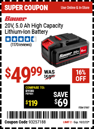 Harbor Freight BAUER 20 VOLT LITHIUM-ION 5.0 AH HIGH CAPACITY BATTERY coupon