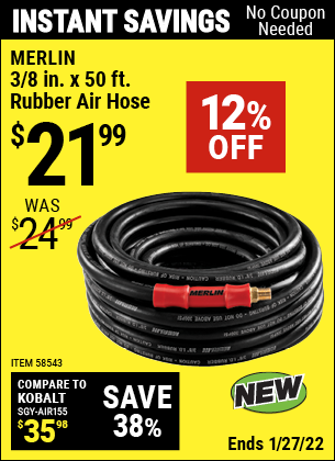 Harbor Freight MERLIN 3/8 IN. X 50 FT. RUBBER AIR HOSE coupon