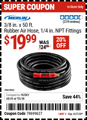 www.hfqpdb.com - MERLIN 3/8 IN. X 50 FT. RUBBER AIR HOSE, 1/4 IN. NPT FITTINGS Lot No. 58543