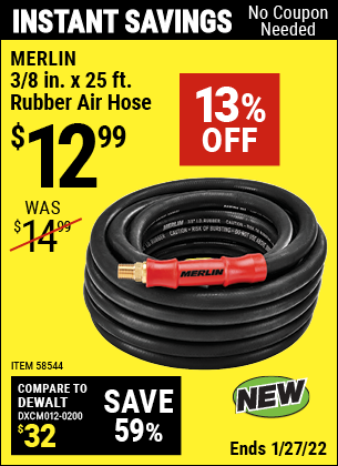 Harbor Freight MERLIN 3/8 IN. X 25 FT. RUBBER AIR HOSE coupon