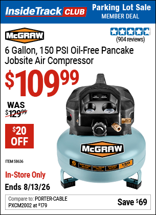 www.hfqpdb.com - MCGRAW 6 GALLON, 150 PSI OIL-FREE PANCAKE JOBSITE AIR COMPRESSOR Lot No. 58636