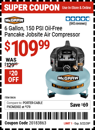 www.hfqpdb.com - MCGRAW 6 GALLON, 150 PSI OIL-FREE PANCAKE JOBSITE AIR COMPRESSOR Lot No. 58636