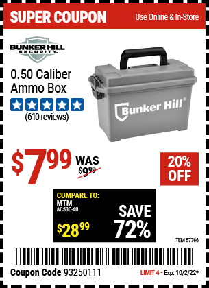 Harbor Freight BUNKER HILL SECURITY 0.50 CALIBER AMMO BOX coupon