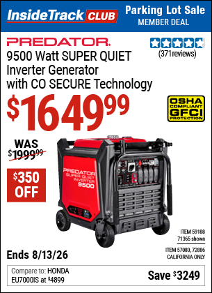 www.hfqpdb.com - PREDATOR 9500 WATT SUPER QUIET INVERTER GENERATOR WITH CO SECURE TECHNOLOGY Lot No. 57080