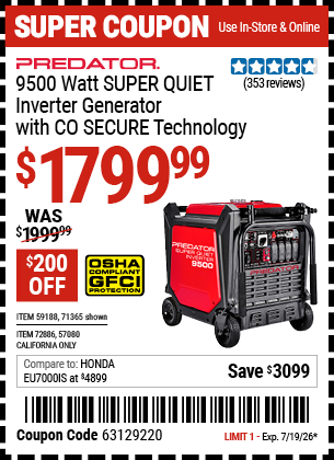 Harbor Freight PREDATOR 9500 WATT SUPER QUIET INVERTER GENERATOR WITH CO SECURE TECHNOLOGY coupon
