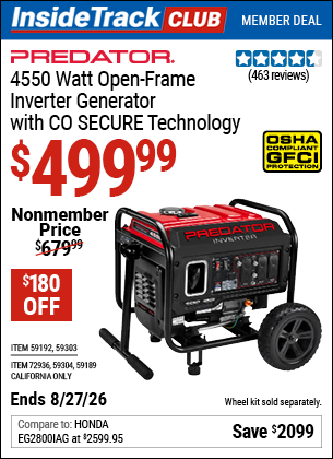 www.hfqpdb.com - PREDATOR 4550 WATT OPEN-FRAME INVERTER GENERATOR WITH CO SECURE TECHNOLOGY Lot No. 59192/59189/59303/59304/72936