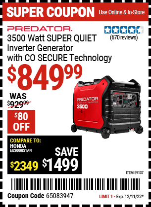 Harbor Freight Tools Coupon Database - Free coupons, 25 percent off  coupons, toolbox coupons - PREDATOR 3500 WATT SUPER QUIET INVERTER GENERATOR  WITH CO SECURE TECHNOLOGY