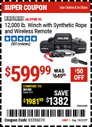 Harbor Freight BADLAND APEX 12,000 LB WINCH WITH SYNTHETIC ROPE AND WIRELESS REMOTE coupon