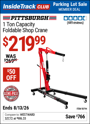 www.hfqpdb.com - PITTSBURGH 1 TON CAPACITY FOLDABLE SHOP CRANE Lot No. 58794