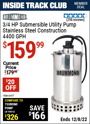 www.hfqpdb.com - DRUMMOND 3/4 HP SUBMERSIBLE UTILITY PUMP STAINLESS STEEL CONSTRUCTION 4400 GPH Lot No. 63477