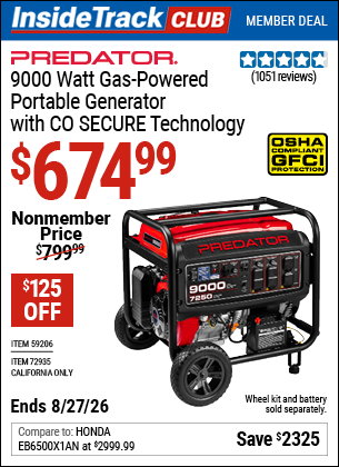 www.hfqpdb.com - PREDATOR 9000 WATT GAS-POWERED PORTABLE GENERATOR WITH CO SECURE TECHNOLOGY Lot No. 59206/72935