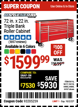 Harbor Freight U.S. GENERAL 72 IN X 22 IN TRIPLE BANK ROLLER CABINETS, ALL COLORS coupon