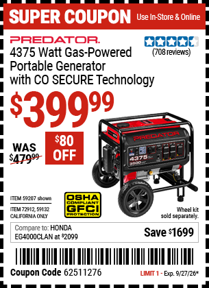 www.hfqpdb.com - PREDATOR 4375 WATT GAS-POWERED PORTABLE GENERATOR WITH CO SECURE TECHNOLOGY Lot No. 59207/59132/72912
