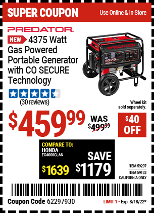 Harbor Freight PREDATOR 4375 WATT GAS POWERED PORTABLE GENERATOR WITH CO SECURE TECHNOLOGY coupon
