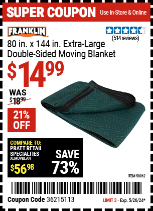 www.hfqpdb.com - FRANKLIN 80 IN. X 144 IN. EXTRA LARGE DOUBLE-SIDED MOVING BLANKET Lot No. 58062