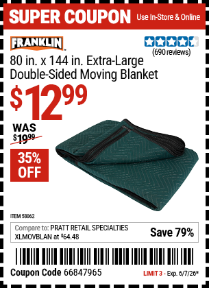 www.hfqpdb.com - FRANKLIN 80 IN. X 144 IN. EXTRA-LARGE DOUBLE-SIDED MOVING BLANKET Lot No. 58062