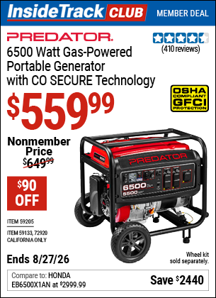www.hfqpdb.com - PREDATOR 6500 WATT GAS-POWERED PORTABLE GENERATOR WITH CO SECURE TECHNOLOGY Lot No. 59205/59133/72920