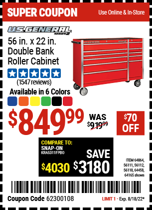 Harbor Freight US GENERAL 56 IN. X 22 IN. DOUBLE BANK ROLLER CABINET (ALL COLORS) coupon