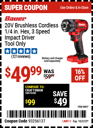 Harbor Freight BAUER 20V BRUSHLESS CORDLESS HEX 3 SPEED IMPACT DRIVER - TOOL ONLY coupon