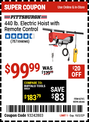 Harbor Freight 440 LB. ELECTRIC HOIST WITH REMOTE CONTROL coupon