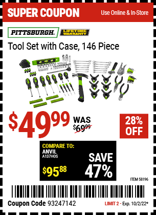 Harbor Freight TOOL SET WITH CASE, 146 PIECE coupon