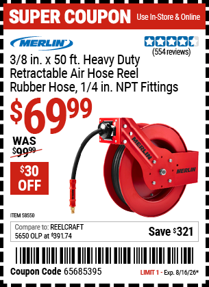 www.hfqpdb.com - MERLIN 3/8 IN. X 50 FT. HEAVY DUTY RETRACTABLE AIR HOSE REEL, RUBBER HOSE, 1/4 IN. NPT FITTINGS Lot No. 58550