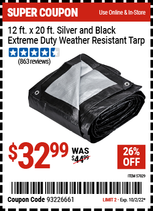 Harbor Freight 12 FT. X 20 FT. SILVER BLACK EXTREME DUTY WEATHER RESISTANT TARP coupon