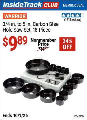 www.hfqpdb.com - WARRIOR 3/4 IN. TO 5 IN. CARBON STEEL HOLE SAW SET, 18-PIECE Lot No. 57524