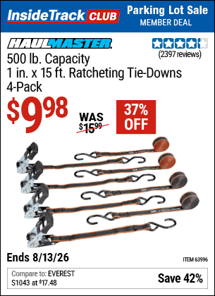 www.hfqpdb.com - HAUL-MASTER 500 LB. CAPACITY, 1 IN. X 15 FT. RATCHETING TIE-DOWNS, 4-PACK Lot No. 63996