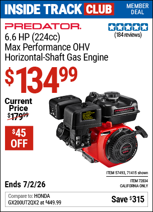 Harbor Freight PREDATOR 6.6 HP (224CC) MAX PERFORMANCE OHV HORIZONTAL-SHAFT GAS ENGINE coupon