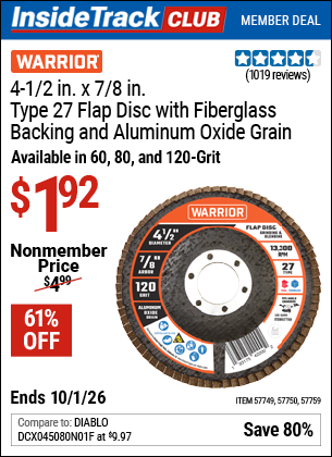 www.hfqpdb.com - WARRIOR 4-1/2 IN. X 7/8 IN. TYPE 27 FLAP DISC WITH FIBERGLASS BACKING AND ALUMINUM OXIDE GRAIN Lot No. 57749/57750/57759