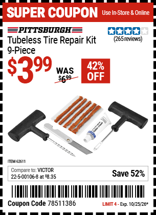 www.hfqpdb.com - PITTSBURGH TUBELESS TIRE REPAIR KIT, 9-PIECE Lot No. 62611