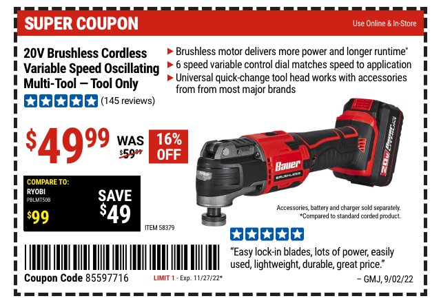 www.hfqpdb.com - BAUER 20V BRUSHLESS CORDLESS VARIABLE SPEED OSCILLATING MULTI-TOOL - TOOL ONLY Lot No. 58379