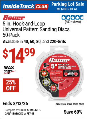 www.hfqpdb.com - BAUER 5 IN. HOOK-AND-LOOP UNIVERSAL PATTERN SANDING DISCS, 50-PACK Lot No. 57423/57462/57483/57494