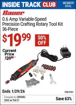 Harbor Freight BAUER 0.6 AMP VARIABLE-SPEED PRECISION CRAFTING ROTARY TOOL KIT, 36-PIECE coupon