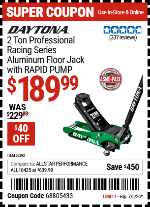 www.hfqpdb.com - DAYTONA 2 TON PROFESSIONAL RACING SERIES ALUMINUM FLOOR JACK WITH RAPID PUMP Lot No. 58393