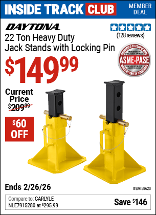 Harbor Freight DAYTONA 22 TON HEAVY DUTY JACK STANDS WITH LOCKING PIN, YELLOW coupon