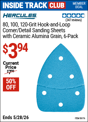 www.hfqpdb.com - HERCULES 80, 100, 120-GRIT HOOK-AND-LOOP CORNER/DETAIL SANDING SHEETS WITH CERAMIC ALUMINA GRAIN, 6 -PACK Lot No. 58176