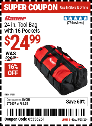www.hfqpdb.com - BAUER 24 IN. TOOL BAG WITH 16 POCKETS Lot No. 57351