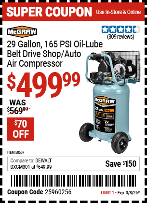 www.hfqpdb.com - MCGRAW 29 GALLON, 165 PSI OIL-LUBE BELT DRIVE SHOP/AUTO AIR COMPRESSOR Lot No. 58507