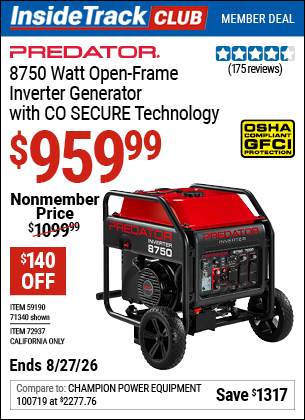 www.hfqpdb.com - PREDATOR 8750 WATT OPEN-FRAME INVERTER GENERATOR WITH CO SECURE TECHNOLOGY Lot No. 71340/59190/72937