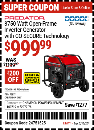 www.hfqpdb.com - PREDATOR 8750 WATT OPEN-FRAME INVERTER GENERATOR WITH CO SECURE TECHNOLOGY Lot No. 71340/59190/72937