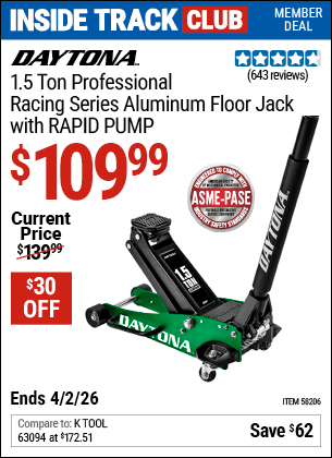 Harbor Freight DAYTONA 1.5 TON PROFESSIONAL RACING SERIES ALUMINUM FLOOR JACK WITH RAPID PUMP coupon