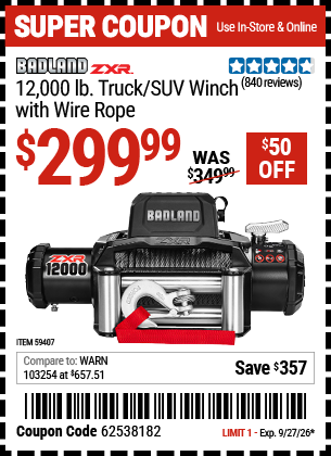 www.hfqpdb.com - BADLAND ZXR 12,000 LB. TRUCK/SUV WINCH WITH WIRE ROPE Lot No. 59407