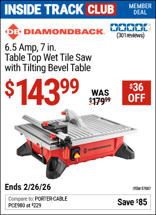 www.hfqpdb.com - DIAMONDBACK 6.5 AMP, 7 IN. TABLE TOP WET TILE SAW WITH TILTING BEVEL TABLE Lot No. 57087