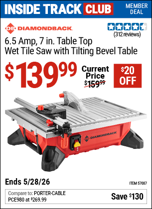 www.hfqpdb.com - DIAMONDBACK 6.5 AMP, 7 IN. TABLE TOP WET TILE SAW WITH TILTING BEVEL TABLE Lot No. 57087