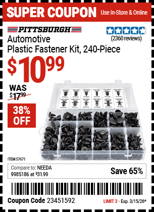 www.hfqpdb.com - PITTSBURGH AUTOMOTIVE PLASTIC FASTENER KIT, 240-PIECE Lot No. 57671