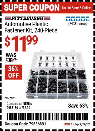 www.hfqpdb.com - PITTSBURGH AUTOMOTIVE PLASTIC FASTENER KIT, 240-PIECE Lot No. 57671